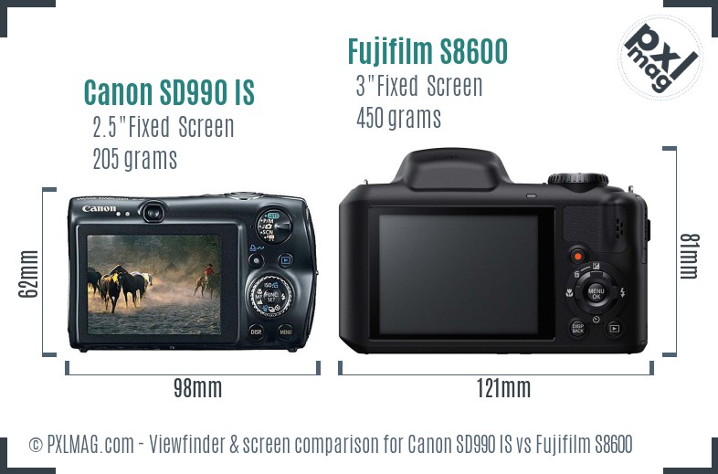 Canon SD990 IS vs Fujifilm S8600 Screen and Viewfinder comparison