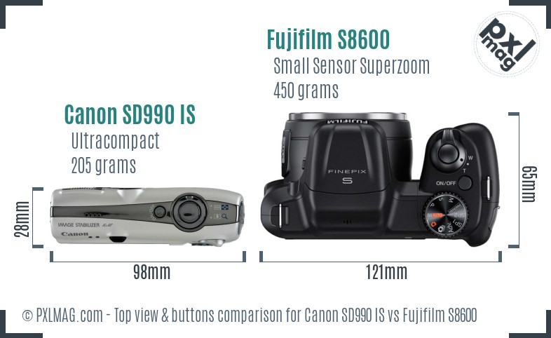 Canon SD990 IS vs Fujifilm S8600 top view buttons comparison