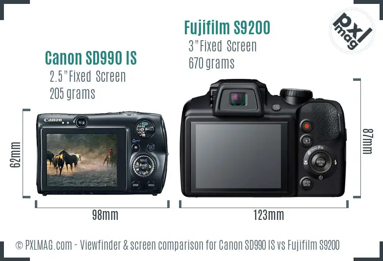 Canon SD990 IS vs Fujifilm S9200 Screen and Viewfinder comparison