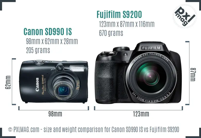 Canon SD990 IS vs Fujifilm S9200 size comparison
