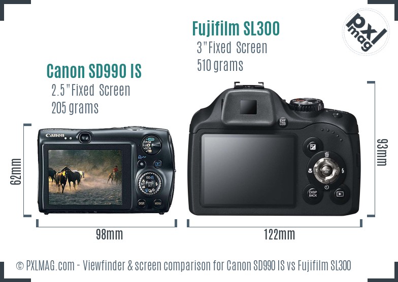 Canon SD990 IS vs Fujifilm SL300 Screen and Viewfinder comparison