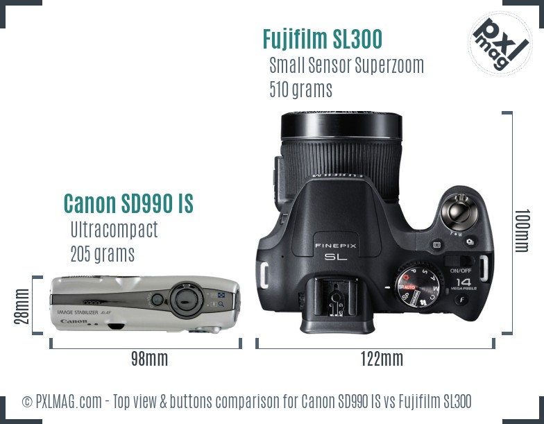 Canon SD990 IS vs Fujifilm SL300 top view buttons comparison