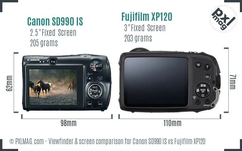 Canon SD990 IS vs Fujifilm XP120 Screen and Viewfinder comparison