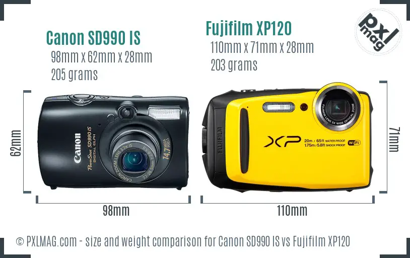 Canon SD990 IS vs Fujifilm XP120 size comparison