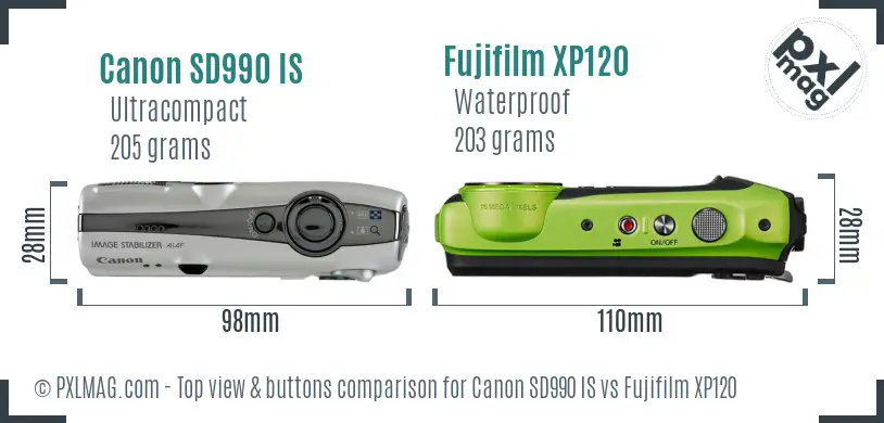 Canon SD990 IS vs Fujifilm XP120 top view buttons comparison