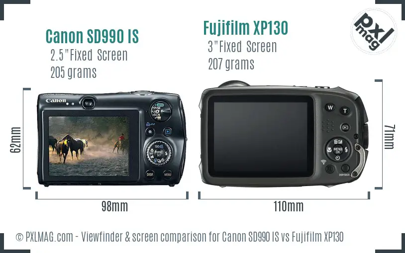 Canon SD990 IS vs Fujifilm XP130 Screen and Viewfinder comparison