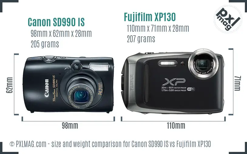 Canon SD990 IS vs Fujifilm XP130 size comparison