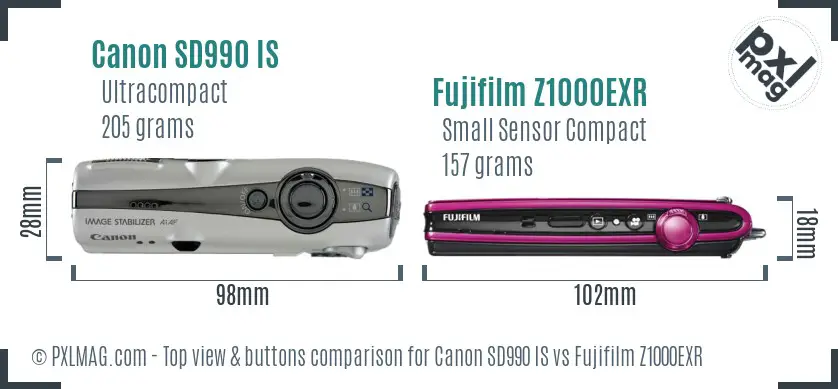 Canon SD990 IS vs Fujifilm Z1000EXR top view buttons comparison