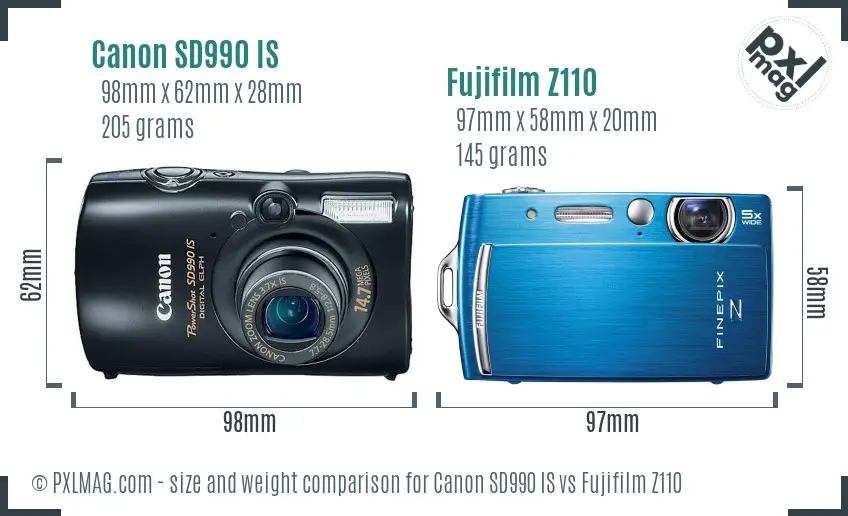 Canon SD990 IS vs Fujifilm Z110 size comparison