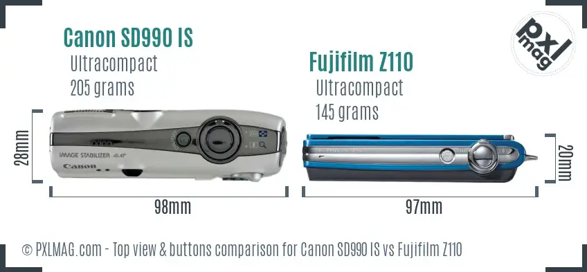 Canon SD990 IS vs Fujifilm Z110 top view buttons comparison