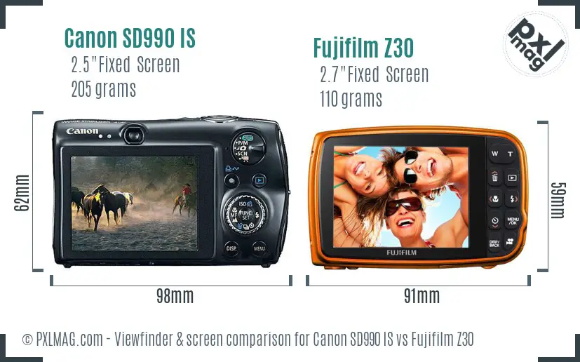Canon SD990 IS vs Fujifilm Z30 Screen and Viewfinder comparison