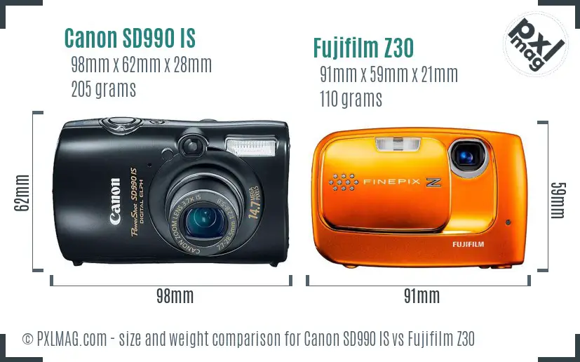 Canon SD990 IS vs Fujifilm Z30 size comparison