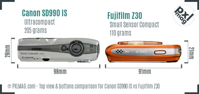 Canon SD990 IS vs Fujifilm Z30 top view buttons comparison