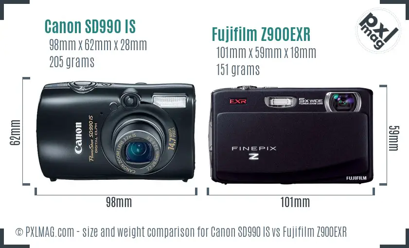 Canon SD990 IS vs Fujifilm Z900EXR size comparison