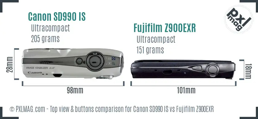 Canon SD990 IS vs Fujifilm Z900EXR top view buttons comparison