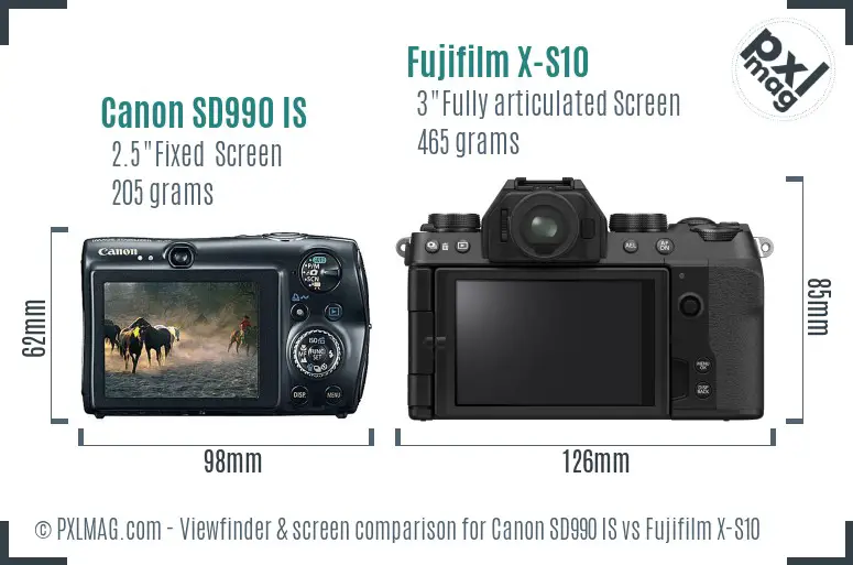 Canon SD990 IS vs Fujifilm X-S10 Screen and Viewfinder comparison