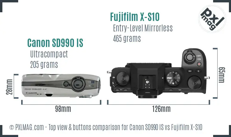 Canon SD990 IS vs Fujifilm X-S10 top view buttons comparison