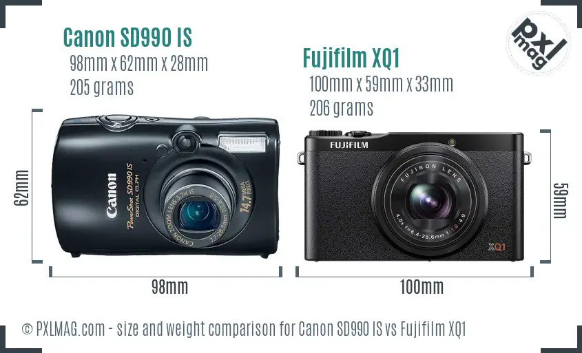 Canon SD990 IS vs Fujifilm XQ1 size comparison