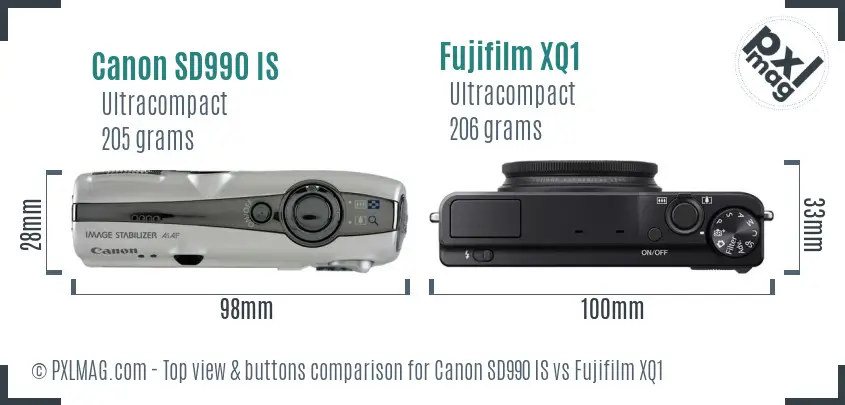 Canon SD990 IS vs Fujifilm XQ1 top view buttons comparison