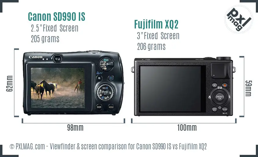Canon SD990 IS vs Fujifilm XQ2 Screen and Viewfinder comparison