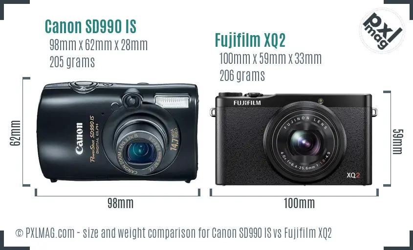 Canon SD990 IS vs Fujifilm XQ2 size comparison
