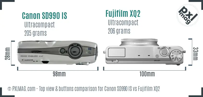 Canon SD990 IS vs Fujifilm XQ2 top view buttons comparison