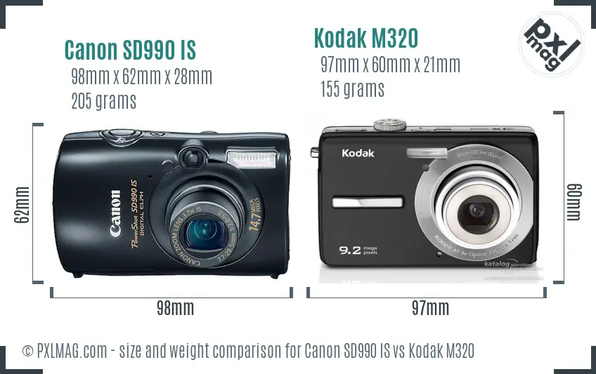 Canon SD990 IS vs Kodak M320 size comparison