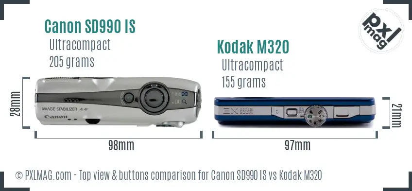 Canon SD990 IS vs Kodak M320 top view buttons comparison