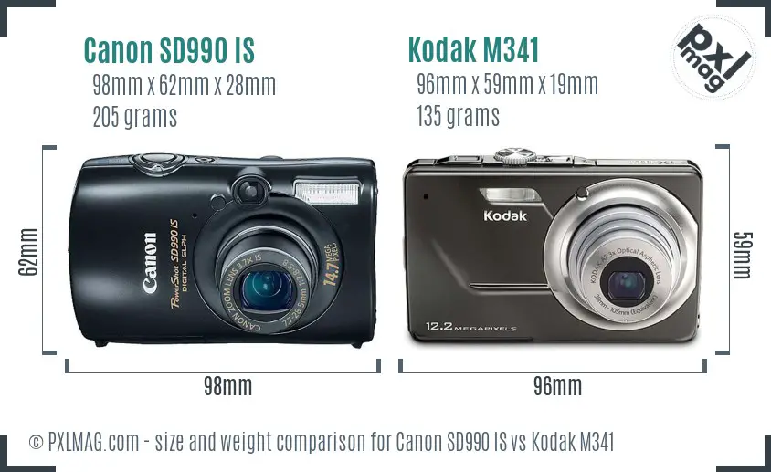 Canon SD990 IS vs Kodak M341 size comparison