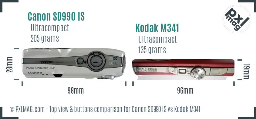 Canon SD990 IS vs Kodak M341 top view buttons comparison