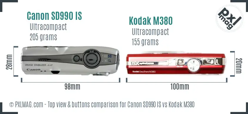 Canon SD990 IS vs Kodak M380 top view buttons comparison