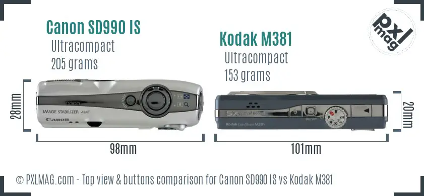 Canon SD990 IS vs Kodak M381 top view buttons comparison