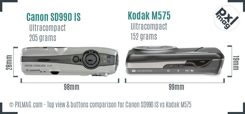 Canon SD990 IS vs Kodak M575 top view buttons comparison