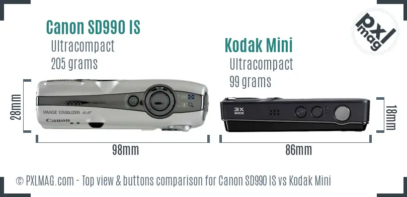 Canon SD990 IS vs Kodak Mini top view buttons comparison