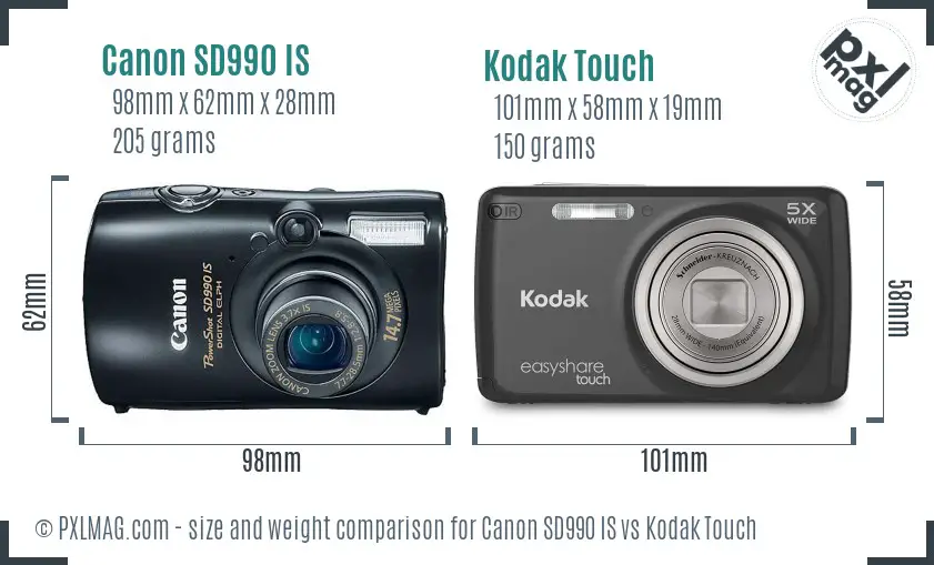 Canon SD990 IS vs Kodak Touch size comparison