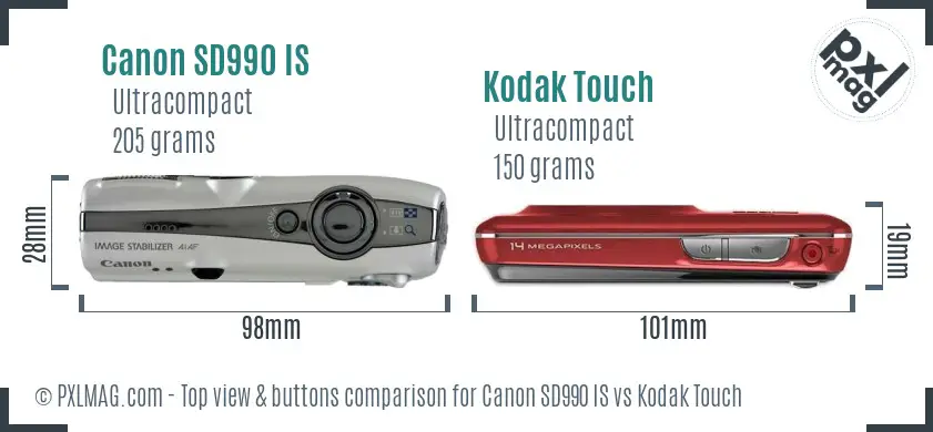 Canon SD990 IS vs Kodak Touch top view buttons comparison