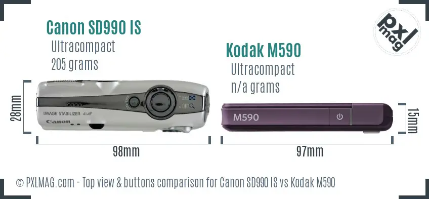 Canon SD990 IS vs Kodak M590 top view buttons comparison