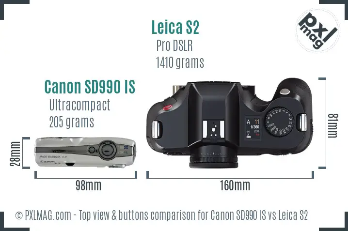 Canon SD990 IS vs Leica S2 top view buttons comparison