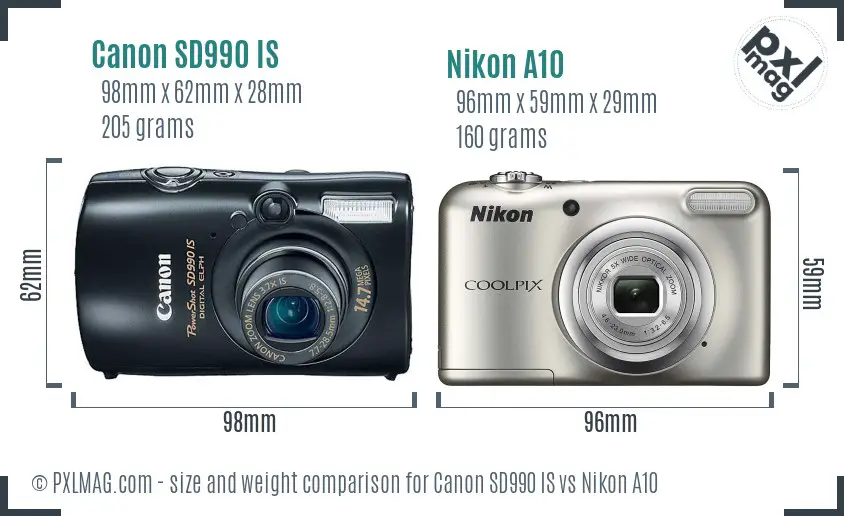 Canon SD990 IS vs Nikon A10 size comparison