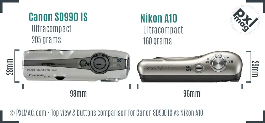 Canon SD990 IS vs Nikon A10 top view buttons comparison