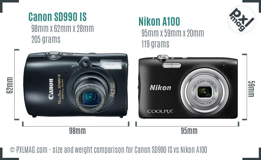 Canon SD990 IS vs Nikon A100 size comparison Canon SD990 IS vs Nikon A100 size comparison