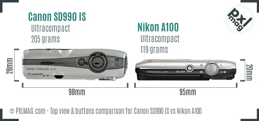 Canon SD990 IS vs Nikon A100 top view buttons comparison Canon SD990 IS vs Nikon A100 top view buttons comparison