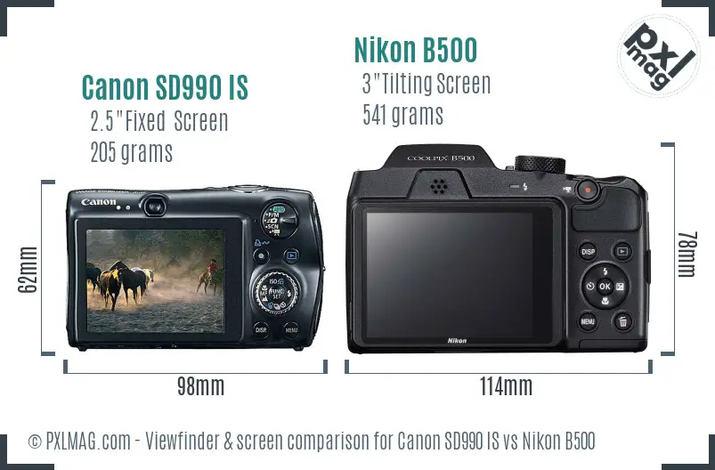 Canon SD990 IS vs Nikon B500 Screen and Viewfinder comparison