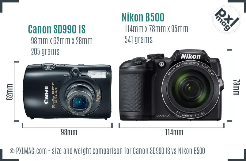 Canon SD990 IS vs Nikon B500 size comparison