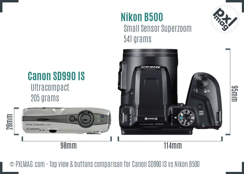 Canon SD990 IS vs Nikon B500 top view buttons comparison