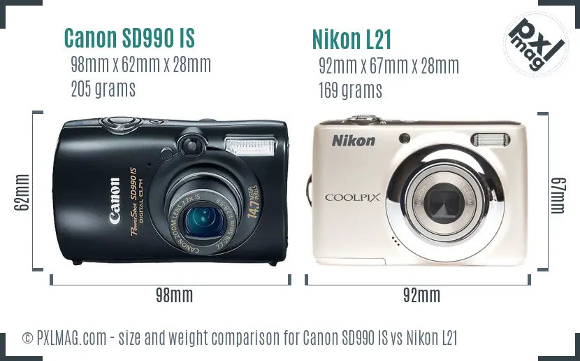 Canon SD990 IS vs Nikon L21 size comparison