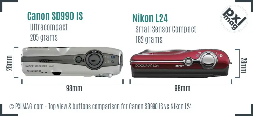 Canon SD990 IS vs Nikon L24 top view buttons comparison