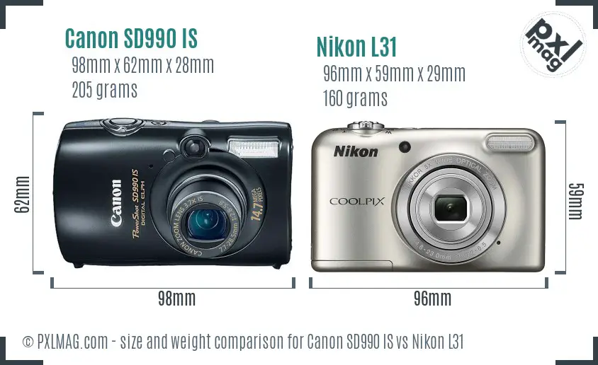 Canon SD990 IS vs Nikon L31 size comparison