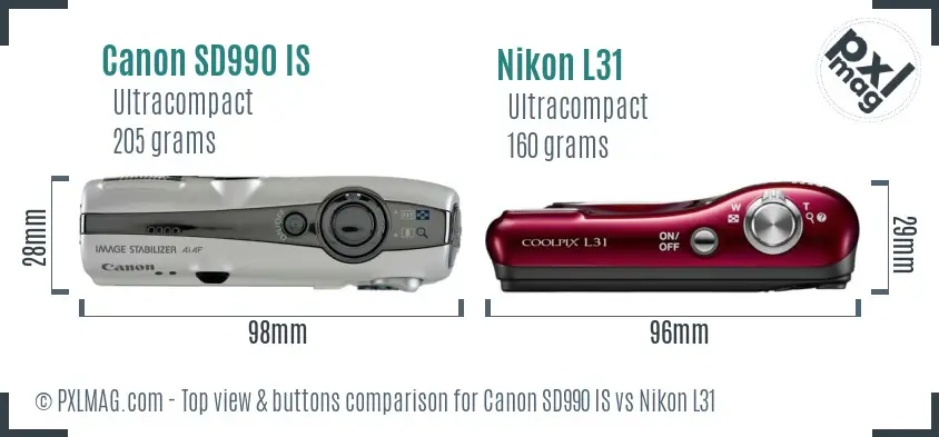 Canon SD990 IS vs Nikon L31 top view buttons comparison