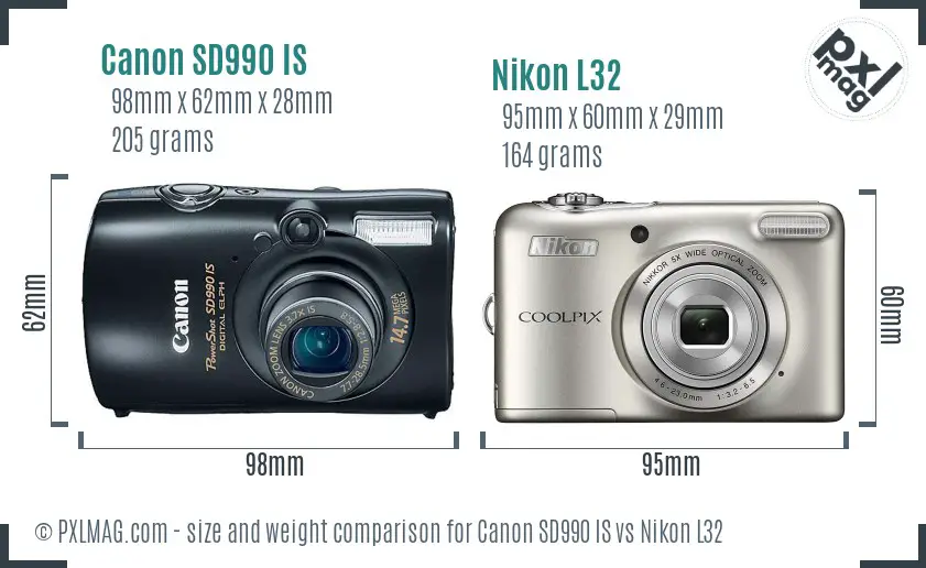 Canon SD990 IS vs Nikon L32 size comparison